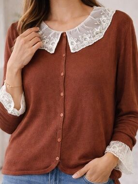 Willi Smith Lace Collar Button Front Knit Top NWT XL